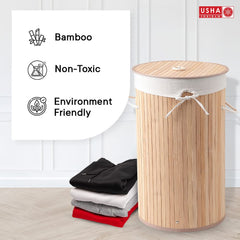 USHA SHRIRAM Foldable Bamboo Laundry Basket With Lid | Sustainable & Eco-Friendly | Travel Essential | Solid Laundry Basket (35cmx35cmx60cm) | Easy To Carry (3 Pcs, Natural)