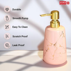 USHA SHRIRAM 260ml Soap Dispenser Bottle | Ceramic Soap & Lotion Dispenser Set | Kitchen Dish Soap Pump Dispenser Set | Hand Shower Washing Soap Dispenser (Design1 - Pink, Pack of 1)