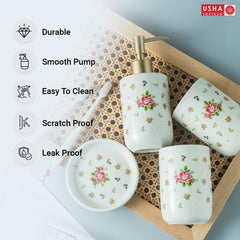 USHA SHIRAM 4 Pcs Ceramic Bathroom Accessories Set - Liquid Soap Dispenser for Bathrooom, Soap Holder for Bathroom, 2 Tumblers | Handwash Dispenser | Bathroom Organiser | Soap Case | White