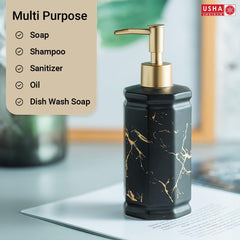 USHA SHRIRAM 350ml Soap Dispenser Bottle | Ceramic Soap & Lotion Dispenser Set | Kitchen Dish Soap Pump Dispenser Set | Hand Shower Washing Soap Dispenser (Design 2 - Black, Pack of 2)