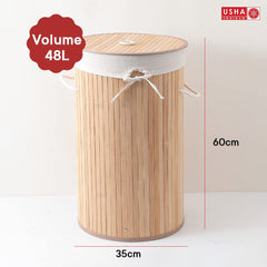 USHA SHRIRAM Foldable Bamboo Laundry Basket With Lid | Sustainable & Eco-Friendly | Travel Essential | Solid Laundry Basket (35cmx35cmx60cm) | Easy To Carry (3 Pcs, Natural)