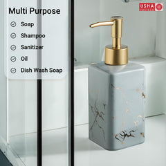 USHA SHRIRAM 320ml Soap Dispenser Bottle | Ceramic Soap & Lotion Dispenser Set | Kitchen Dish Soap Pump Dispenser Set | Hand Shower Washing Soap Dispenser (Design 3 - Grey, Pack of 2)