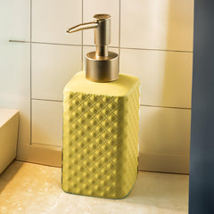 USHA SHRIRAM 350ml Soap Dispenser Bottle | Ceramic Soap & Lotion Dispenser Set | Kitchen Dish Soap Pump Dispenser Set | Hand Shower Washing Soap Dispenser (Deisgn 3 - Yellow, Pack of 1)