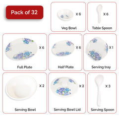 USHA SHRIRAM Dine Smart Melamine 32 Pieces Stylon Dinner Set Heat-Resistant | Durable | Shatter-Resistant | Light-Weight | BPA Free (Blue Vector Flower)