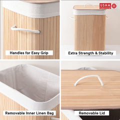 USHA SHRIRAM Foldable Bamboo Laundry Basket With Lid (72L) | Sustainable & Eco-Friendly | Travel Essential | Printed Laundry Basket (40cmx30cmx60cm) | Easy To Carry | Natural