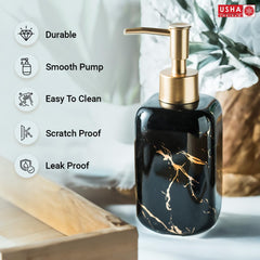 USHA SHRIRAM 300ml Soap Dispenser Bottle | Ceramic Soap & Lotion Dispenser Set | Kitchen Dish Soap Pump Dispenser Set | Hand Shower Washing Soap Dispenser (Design 2 - Black, Pack of 2)