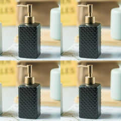 USHA SHRIRAM 350ml Soap Dispenser Bottle | Ceramic Soap & Lotion Dispenser Set | Kitchen Dish Soap Pump Dispenser Set | Hand Shower Washing Soap Dispenser (Deisgn 3 - Black, Pack of 4)