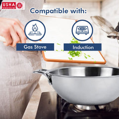 USHA SHRIRAM Triply Stainless Steel Kadai with Lid | 22 cm Diameter | 2.2 L Capacity (2 Pcs) | Stove & Induction Cookware | Heat Surround Cooking | Triply Stainless Steel cookware with lid