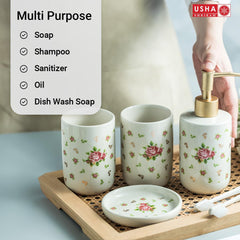 USHA SHIRAM 4 Pcs Ceramic Bathroom Accessories Set - Liquid Soap Dispenser for Bathrooom, Soap Holder for Bathroom, 2 Tumblers | Handwash Dispenser | Bathroom Organiser | Soap Case | White