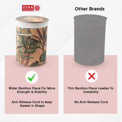 USHA SHRIRAM Foldable Bamboo Laundry Basket With Lid | Sustainable & Eco-Friendly | Travel Essential | Printed Laundry Basket | Easy To Carry | Color Natural (60 L) (2 Pcs, Cylinderical)