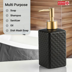 USHA SHRIRAM 350ml Soap Dispenser Bottle | Ceramic Soap & Lotion Dispenser Set | Kitchen Dish Soap Pump Dispenser Set | Hand Shower Washing Soap Dispenser (Deisgn 3 - Black, Pack of 1)