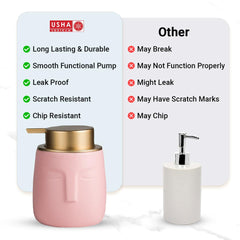 USHA SHRIRAM 350ml Soap Dispenser Bottle | Ceramic Soap & Lotion Dispenser Set | Kitchen Dish Soap Pump Dispenser Set | Hand Shower Washing Soap Dispenser (Design 1 - Pink, Pack of 4)
