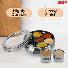 USHA SHRIRAM Stainless Steel Masala Box with Transparent Lid (1.25L) | Spice Containers for Kitchen Storage (Medium Size) Rust Proof, See Through Lid| Durable, Easy to Clean| 7 Containers