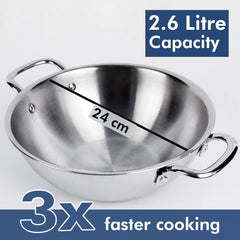 USHA SHRIRAM Triply Stainless Steel Kadai with Lid (2.6L) & Non Stick Kadai with Lid (2.8L) | Stove & Induction Cookware | Heat Surround Cooking | Heavy Bottom Kadai | Deep Frying Kadhai