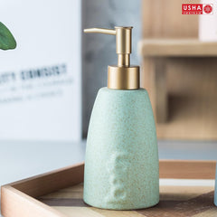 USHA SHRIRAM 320ml Soap Dispenser Bottle | Ceramic Soap & Lotion Dispenser Set | Kitchen Dish Soap Pump Dispenser Set | Hand Shower Washing Soap Dispenser (Design 1 - Green, Pack of 1)