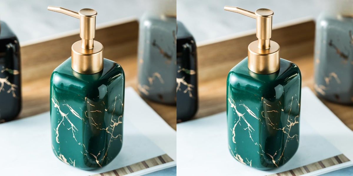 USHA SHRIRAM 300ml Soap Dispenser Bottle | Ceramic Soap & Lotion Dispenser Set | Kitchen Dish Soap Pump Dispenser Set | Hand Shower Washing Soap Dispenser (Design 2 - Green, Pack of 2)