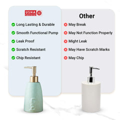 USHA SHRIRAM 320ml Soap Dispenser Bottle | Ceramic Soap & Lotion Dispenser Set | Kitchen Dish Soap Pump Dispenser Set | Hand Shower Washing Soap Dispenser (Design 1 - Green, Pack of 2)