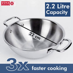 USHA SHRIRAM Triply Stainless Steel Kadai with Lid | 22 cm Diameter | 2.2 L Capacity (2 Pcs) | Stove & Induction Cookware | Heat Surround Cooking | Triply Stainless Steel cookware with lid