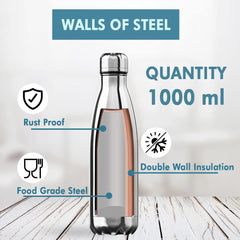 USHA SHRIRAM Insulated Stainless Steel Water Bottle (1L - Pack of 6) | Hot for 18 Hours, Cold for 24 Hours | Water Bottle for Home, Office & Kids | Rust-Free, Durable & Leak-Proof | Silver