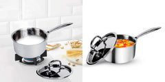 USHA SHRIRAM Triply Stainless Steel Sauce Pan with Lid (2Pcs - 1.4L, 2.2L)| Stove & Induction Cookware | Small Induction Sauce Pan for Tea with Long Handle | Steel Sauce Soup Pan for Tea | Milk Pan