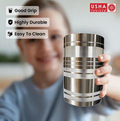 USHA SHRIRAM | 12 Pcs Stainless Steel Glass Set | 300ml Each-AMRAPALI | Stainless Steel Gilas, Wobble Free Base, Durable | Multipurpose, Elegant Design & Mirror Finish