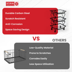 USHA SHRIRAM Collapsible storage baskets Black | Stackable Kitchen Basket For Storage | Carbon Steel Collapsible Foldable Basket For Fruits And Vegetables | Rust-Resistant (3Pcs - 3 layer)