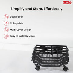 USHA SHRIRAM Collapsible storage baskets Black | Stackable Kitchen Basket For Storage | Carbon Steel Collapsible Foldable Basket For Fruits And Vegetables | Rust-Resistant (2Pcs - 4 layer)