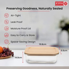 USHA SHRIRAM Borosilicate Container With Bamboo Lid (1.05L)| Fridge Side Door Organiser Box| Vegetable Organiser For Fridge|Kitchen Organise Storage Boxes| Idli Batter Container |Fruit Box For Kitchen