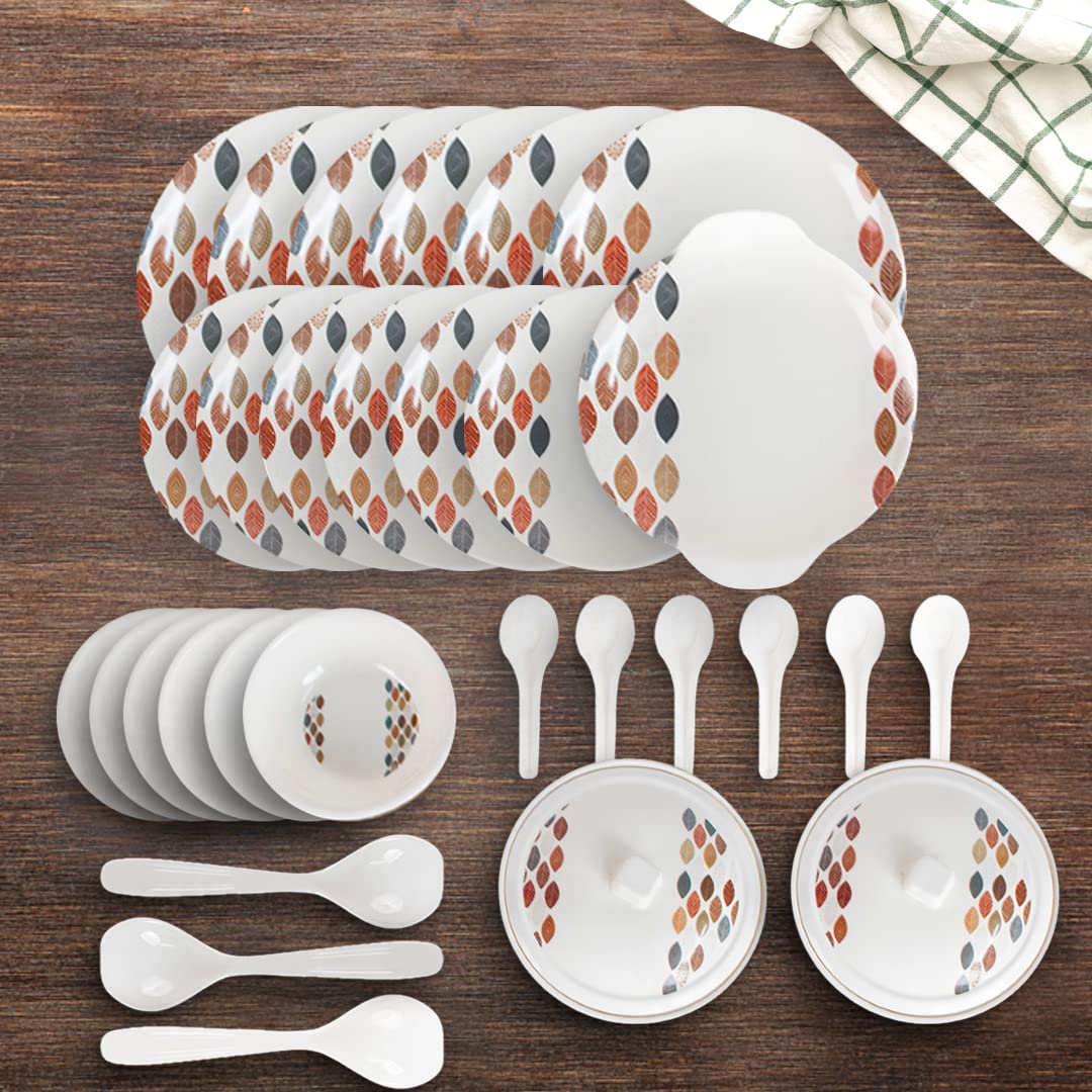 USHA SHRIRAM Dine Smart Melamine 32 Pieces Stylon Dinner Set Heat-Resistant | Durable | Shatter-Resistant | Light-Weight | BPA Free (Leaf Dot)