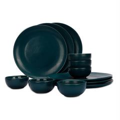 USHA SHRIRAM Ceramic Dinner Set (12 Pcs) | Microwave Safe Dinner Plates and Bowls Sets Cookware | Chip Resistant Dinnerware Sets | House Warming Gifts New Home for Couple Men Women (Deep Green)