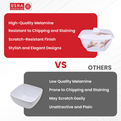 USHA SHRIRAM Serving Bowl 4 Piece |Square White Rose Square |Fibre Dinner Set for Family |Melamine Set | Unbreakable | Heat| Resistant| Durable| Shatter| Resistant| Light| Weight| BPA Free