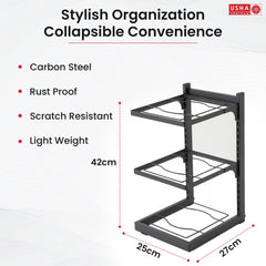 USHA SHRIRAM Buckle Type Pot Rack 3 Layers (2Pcs) | Stackable Kitchen Basket for Storage | Carbon Steel Collapsible Foldable Basket for Fruits and Vegetables | Rust-Resistant | Unbreakable