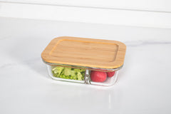 USHA SHRIRAM Borosilicate Glass Tiffin Box Lid| Glass Tiffin Box For Office For Men Women| Leak-Proof Lunch Box | Borosilicate Lunch Box With Wooden Lid | Glass Lunch Box With Lid (980ml - Bamboo Lid)