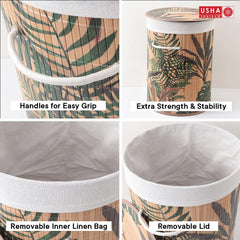 USHA SHRIRAM Foldable Bamboo Laundry Basket With Lid | Sustainable & Eco-Friendly | Travel Essential | Printed Laundry Basket | Easy To Carry | Color Natural (60 L) (2 Pcs, Rectangular)