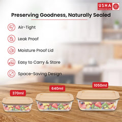 USHA SHRIRAM Borosilicate Food Container Bamboo lid|Borsilicate Glass Container For Kitchen Storage | Microwave Safe | Glass Container With Wooden Airtight Lid (6 Pcs - 370ml, 640ml, 1050ml)