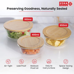 USHA SHRIRAM Borosilicate Food Container (3Pcs - 320ml, 520ml, 800ml) & Insulated Steel Casserole (2L) |Borsilicate Glass Container For Kitchen Storage | Microwave Safe | Hot Roti Box