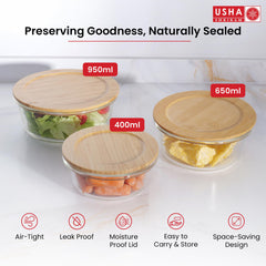 USHA SHRIRAM Borosilicate Container With Bamboo Lid (3Pcs -400ml, 650ml, 950ml) | Fridge Side Door Organiser Box| Vegetable Organiser For Fridge| Kitchen Organise Storage Boxes | Idli Batter Container