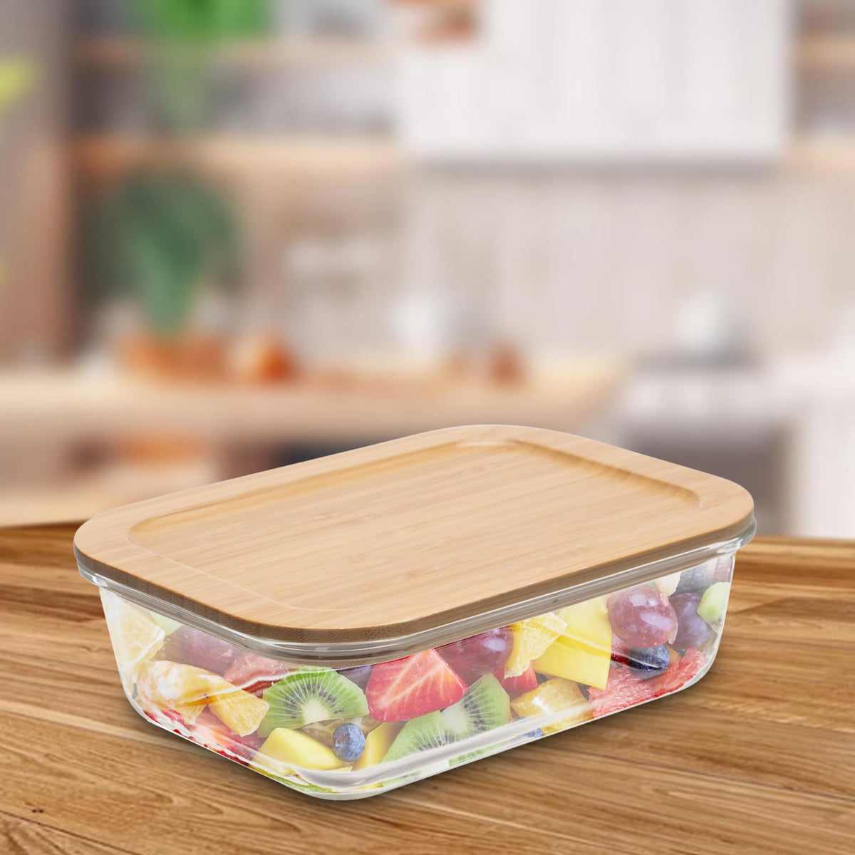 USHA SHRIRAM Borosilicate Container With Bamboo Lid (1.05L)| Fridge Side Door Organiser Box| Vegetable Organiser For Fridge|Kitchen Organise Storage Boxes| Idli Batter Container |Fruit Box For Kitchen