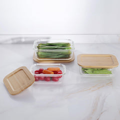 USHA SHRIRAM Borosilicate Food Container Bamboo lid|Borsilicate Glass Container For Kitchen Storage | Microwave Safe | Glass Container With Wooden Airtight Lid (6 Pcs - 370ml, 640ml, 1050ml)