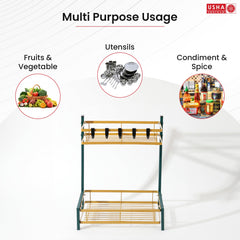 USHA SHRIRAM Trapezoidal Seasoning Rack | Stackable Kitchen Basket For Storage | Carbon Steel Collapsible Foldable Basket For Fruits And Vegetables | Rust-Resistant (5Pcs - Green Gold - Design 1)