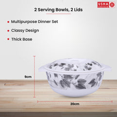 USHA SHRIRAM Melamine Serving Bowl | Fibre Dinner Set for Family | Unbreakable | Heat Resistant| Durable Shatter Resistant | Light Weight | BPA Free (Black Marble Flower, 2 Pcs)