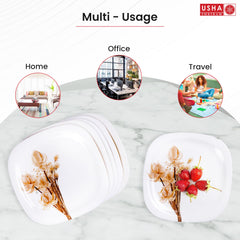 USHA SHRIRAM Melamine 12 Plate Set|Square White Rose Square |Fibre Dinner Set for Family |Melamine Set | Unbreakable | Heat| Resistant| Durable| Shatter| Resistant| Light| Weight| BPA Free