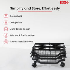 USHA SHRIRAM Collapsible storage baskets Black | Stackable Kitchen Basket For Storage | Carbon Steel Collapsible Foldable Basket For Fruits And Vegetables | Rust-Resistant (2Pcs - 3 layer)