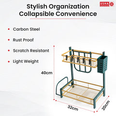 USHA SHRIRAM Trapezoidal Seasoning Rack | Stackable Kitchen Basket For Storage | Carbon Steel Collapsible Foldable Basket For Fruits And Vegetables | Rust-Resistant (2Pcs - Green Gold - Design 2)