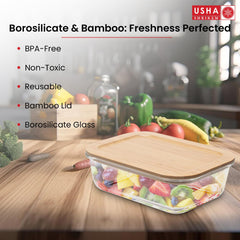 USHA SHRIRAM Borosilicate Container With Bamboo Lid (1.05L)| Fridge Side Door Organiser Box| Vegetable Organiser For Fridge|Kitchen Organise Storage Boxes| Idli Batter Container |Fruit Box For Kitchen