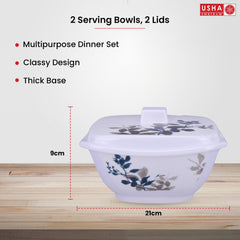 USHA SHRIRAM Melamine Big Serving Bowl with Lid (4 Pcs - 1.4L each) | Rice Bowl for Serving | Unbreakable | Heat Resistant | Mixing Bowl with Lid | Light Weight | BPA Free (Blue Bail)