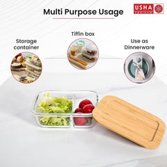 USHA SHRIRAM Borosilicate Tiffin Box| Tiffin Box for Office for Men Women| Leak-Proof Lunch Box | Borosilicate Lunch Box with Wooden Lid | (Set of 2 : Small 580ml+ Large 980ml)