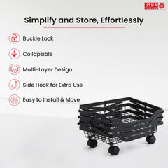 USHA SHRIRAM Collapsible storage baskets Black | Stackable Kitchen Basket For Storage | Carbon Steel Collapsible Foldable Basket For Fruits And Vegetables | Rust-Resistant (2Pcs - 5 layer)