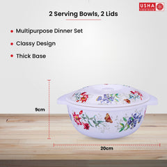 USHA SHRIRAM Melamine Serving Bowl (2Pcs - 1.4L) | Fibre Dinner Set for Family | Unbreakable | Heat Resistant| Durable Shatter Resistant | Light Weight | BPA Free (Red Flower)