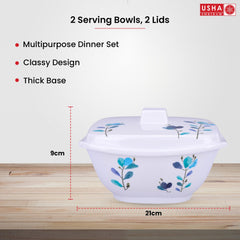 USHA SHRIRAM Melamine Big Serving Bowl with Lid (2 Pcs - 1.4L Each) |Rice Bowl for Serving | Unbreakable | Heat Resistant | Mixing Bowl with Lid | Light Weight | BPA Free (Blue Flower)